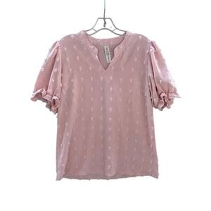 B Pink Swiss Dot Puff Sleeve‎ Split Neck Blouse Top Medium